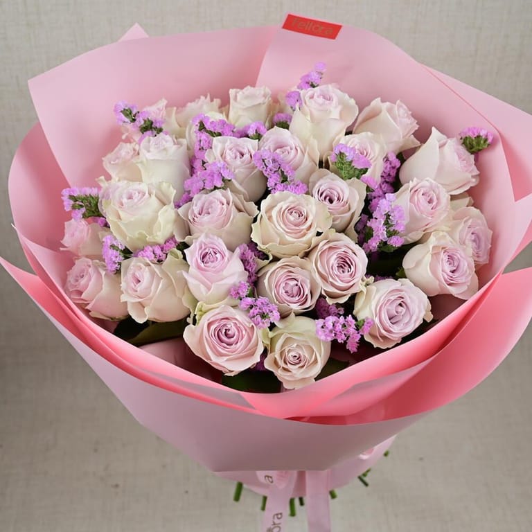 Light Pink Roses And Purple Statice Luxury Bouquet-A672 - Image 4