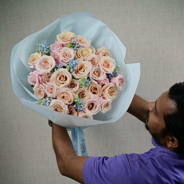 Peach Roses And Blue Oxypetalum Luxury Bouquet-A673 - Image 5