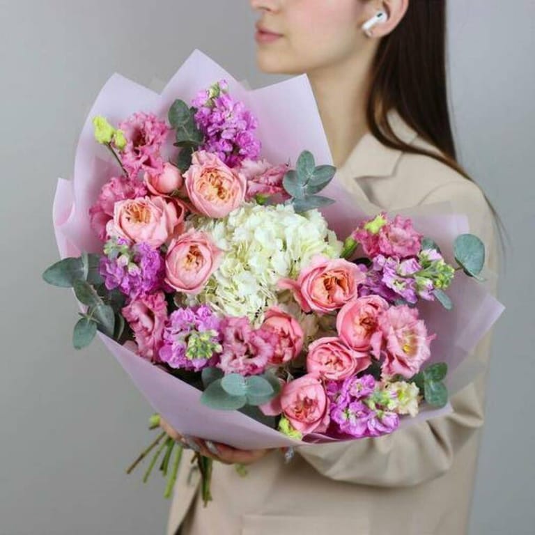 Peony Roses White Hydrangea And Matthiola Bouquet-A699 - Image 1