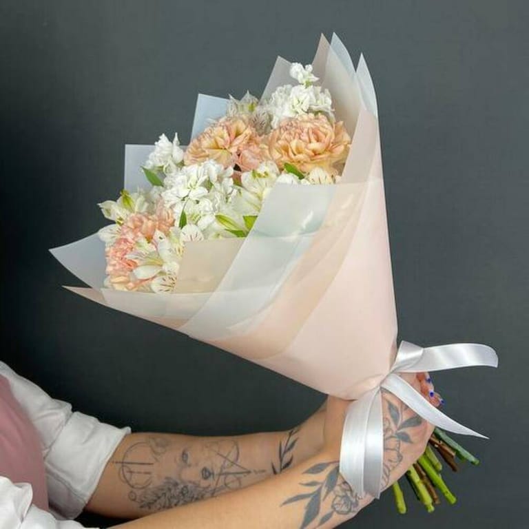 Peach Carnations White Matthiola And Alstroemeria Bouquet-A681 - Image 4