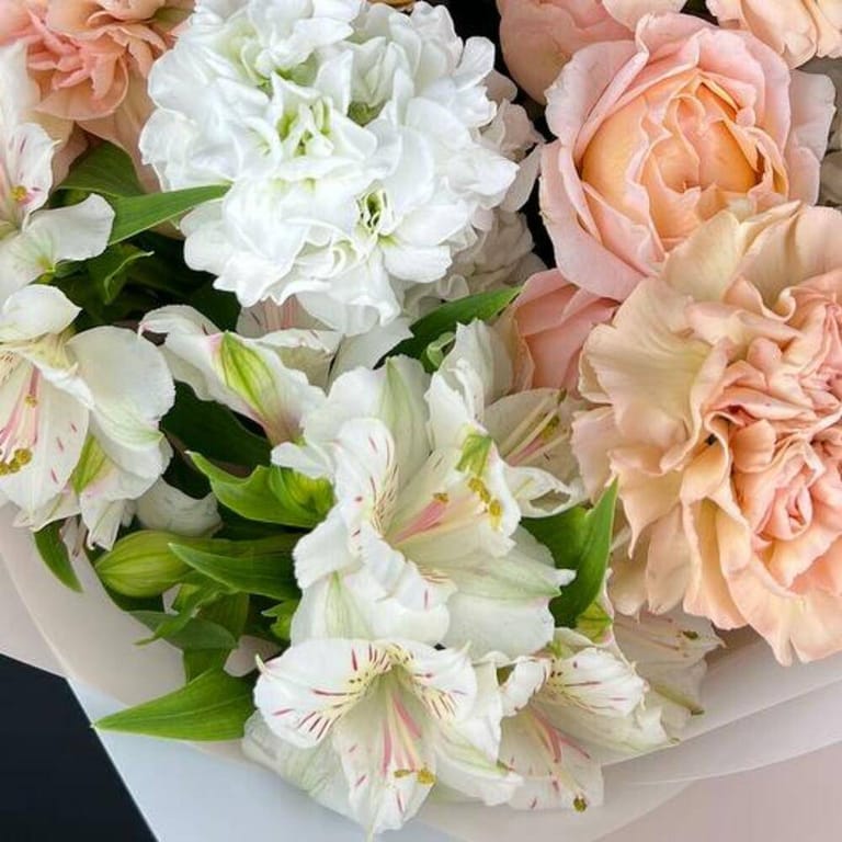 Peach Carnations White Matthiola And Alstroemeria Bouquet-A681 - Image 5