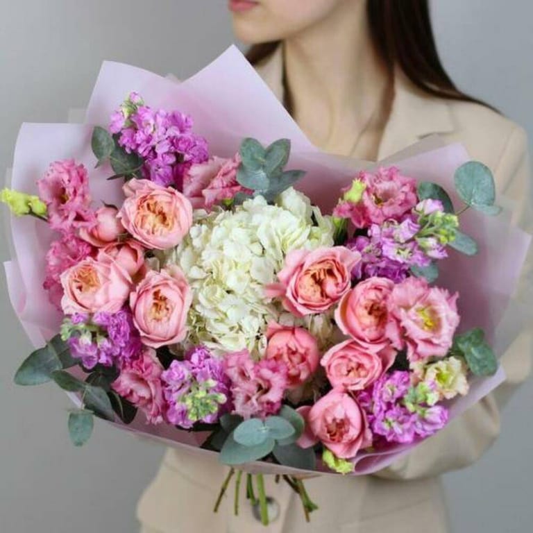 Peony Roses White Hydrangea And Matthiola Bouquet-A699 - Image 2