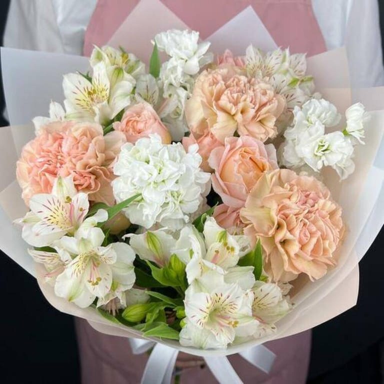 Peach Carnations White Matthiola And Alstroemeria Bouquet-A681 - Image 6