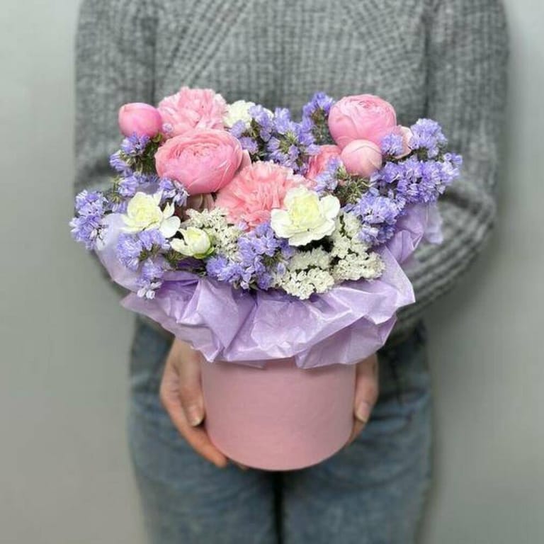 Pink Peony Roses Carnations And Purple Statice Flower Box-A704 - Image 2