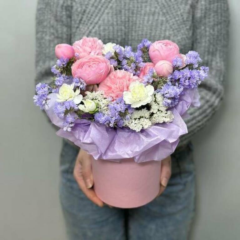 Pink Peony Roses Carnations And Purple Statice Flower Box-A704 - Image 3