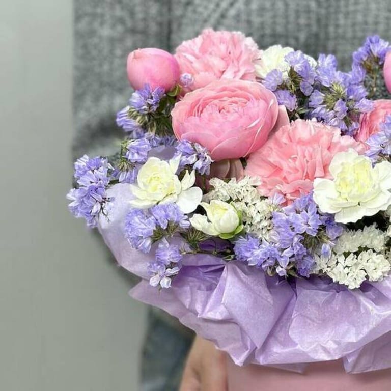 Pink Peony Roses Carnations And Purple Statice Flower Box-A704 - Image 4