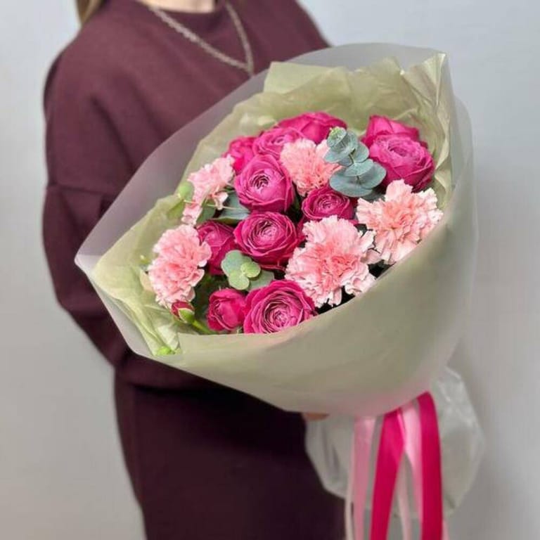 Hot Pink Peony Roses And Pink Carnations Bouquet-A705 - Image 1