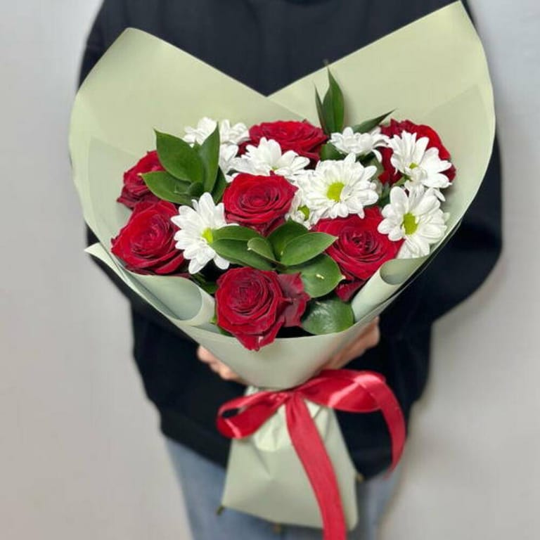 Red Roses And White Chrysanthemum Bouquet-A707 - Image 1