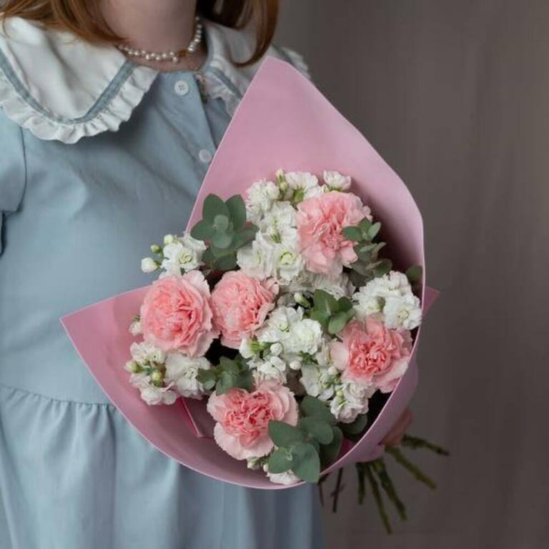 Pink Carnations And White Matthiola Bouquet-A708 - Image 1