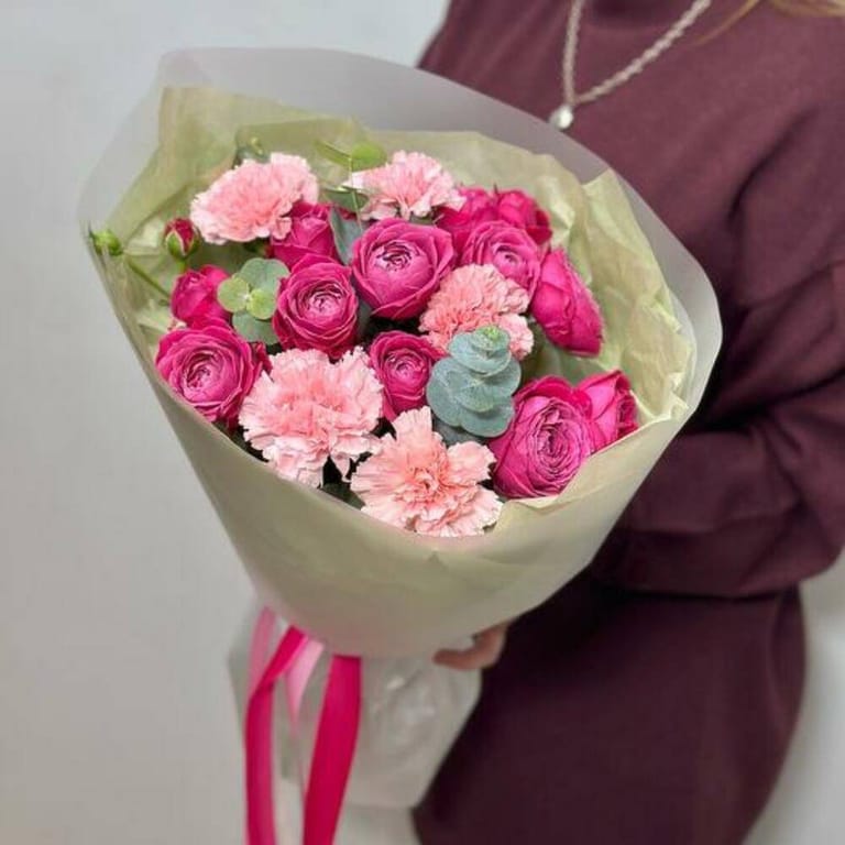 Hot Pink Peony Roses And Pink Carnations Bouquet-A705 - Image 2