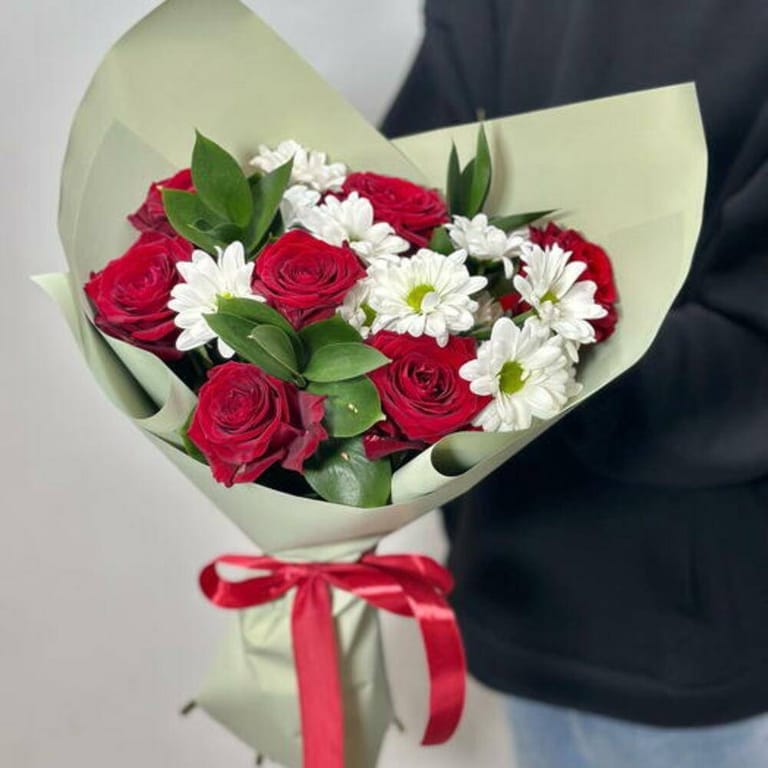 Red Roses And White Chrysanthemum Bouquet-A707 - Image 2