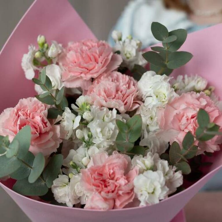 Pink Carnations And White Matthiola Bouquet-A708 - Image 2