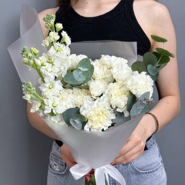 White Carnations And Matthiola Elegant Bouquet-A718 - Image 1