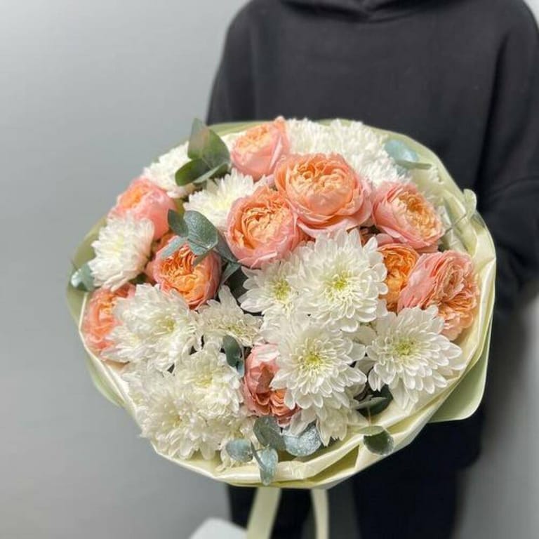 Peach Peony Roses And White Chrysanthemum Bouquet-A720 - Image 1