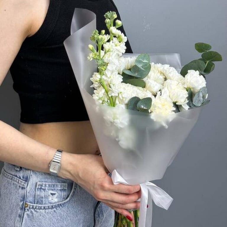 White Carnations And Matthiola Elegant Bouquet-A718 - Image 2