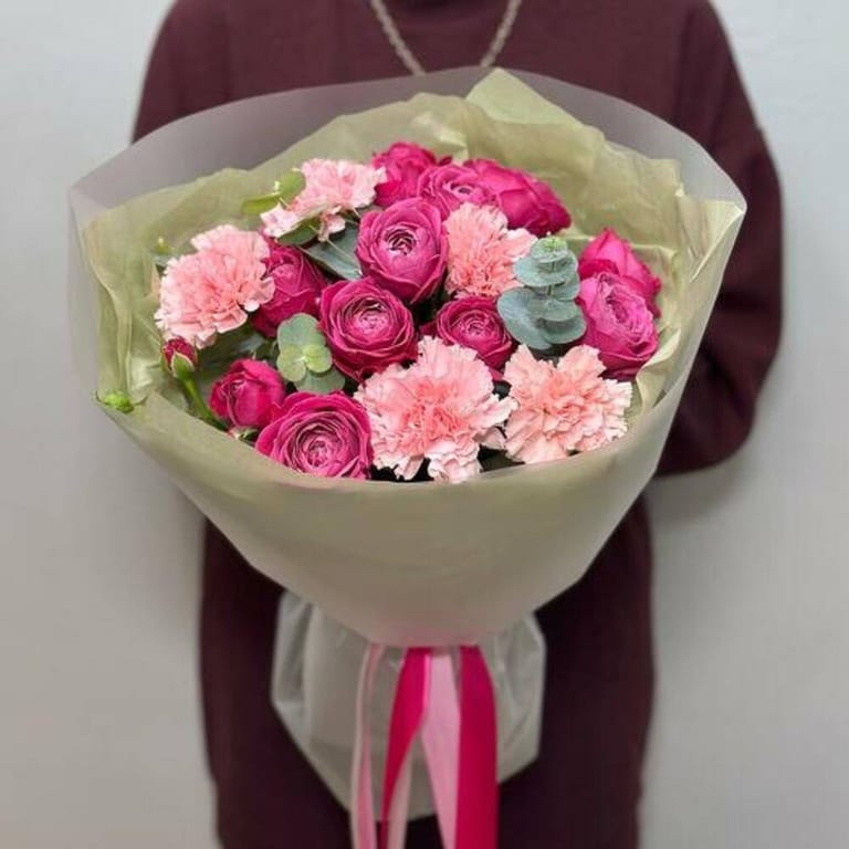 Hot Pink Peony Roses And Pink Carnations Bouquet-A705 - Image 4