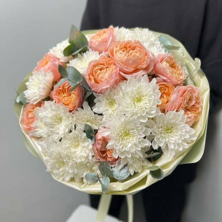 Peach Peony Roses And White Chrysanthemum Bouquet-A720 - Image 2