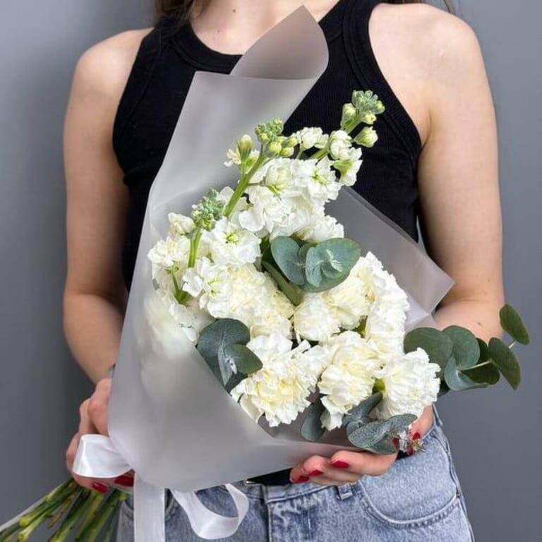 White Carnations And Matthiola Elegant Bouquet-A718 - Image 3