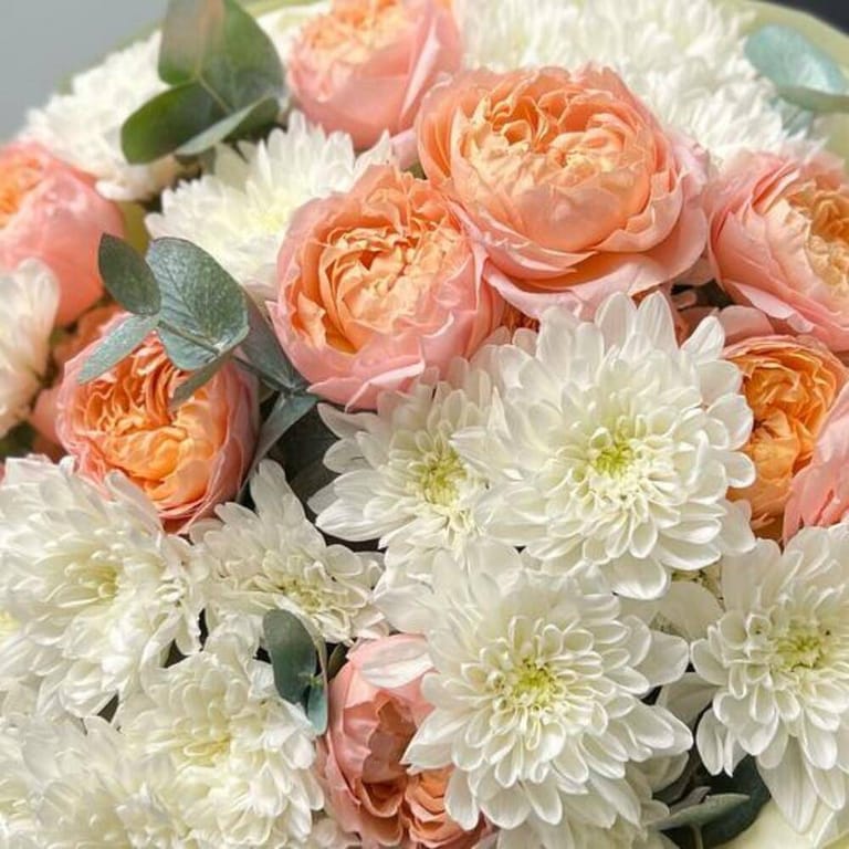 Peach Peony Roses And White Chrysanthemum Bouquet-A720 - Image 3