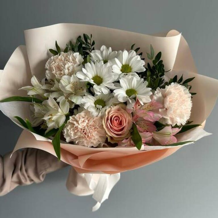 Pink Mondial Rose White Chrysanthemum And Carnation Bouquet-A730 - Image 1