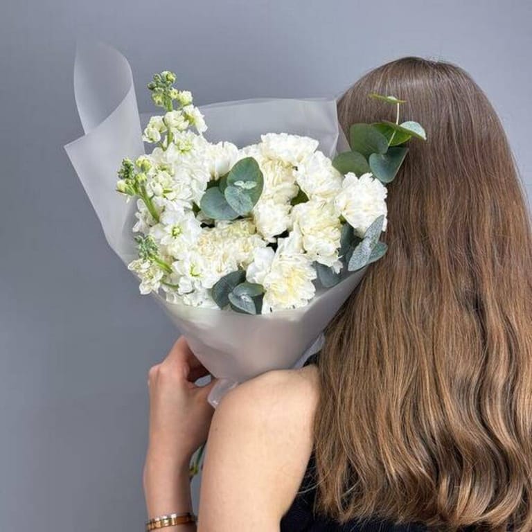 White Carnations And Matthiola Elegant Bouquet-A718 - Image 4