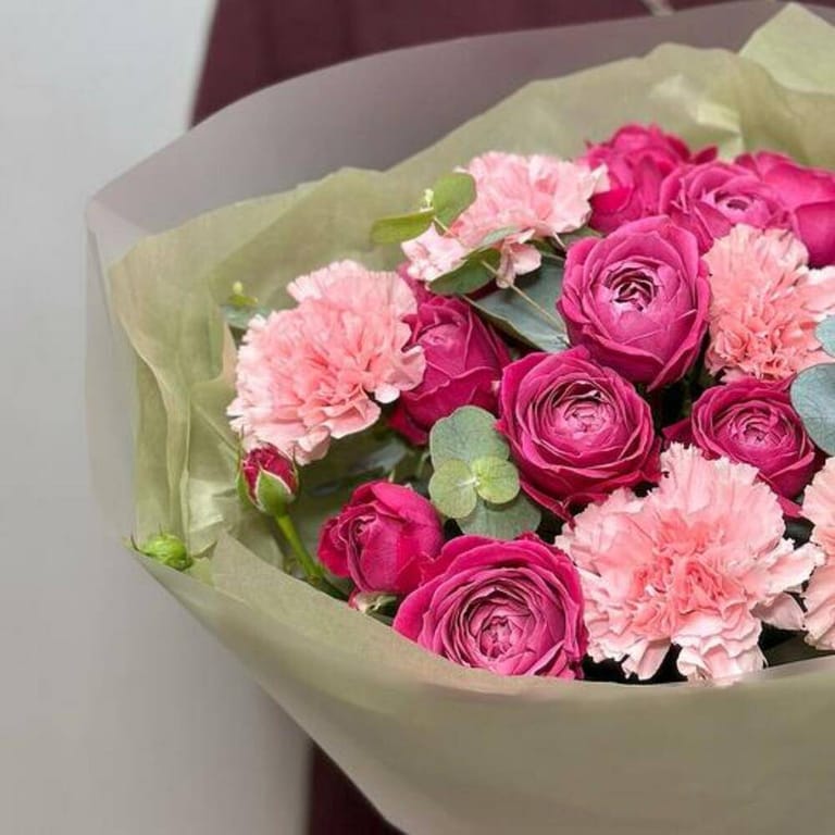 Hot Pink Peony Roses And Pink Carnations Bouquet-A705 - Image 6