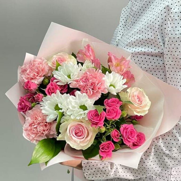 Pink Roses Carnations And White Chrysanthemum Bouquet-A734 - Image 1
