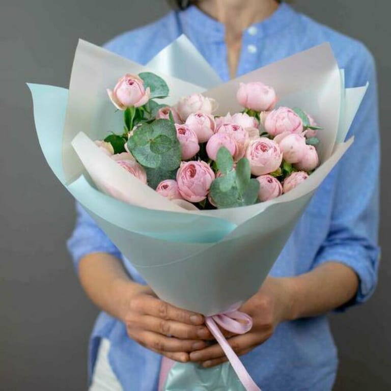 Pink Peony Roses And Eucalyptus Luxury Bouquet-A723 - Image 3