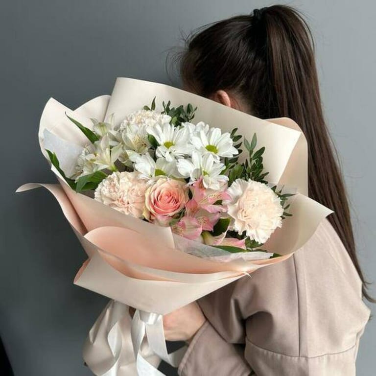 Pink Mondial Rose White Chrysanthemum And Carnation Bouquet-A730 - Image 2