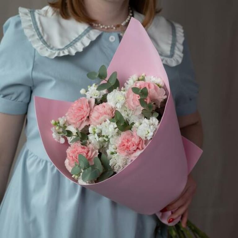 Pink Carnations And White Matthiola Bouquet-A708 - Image 6