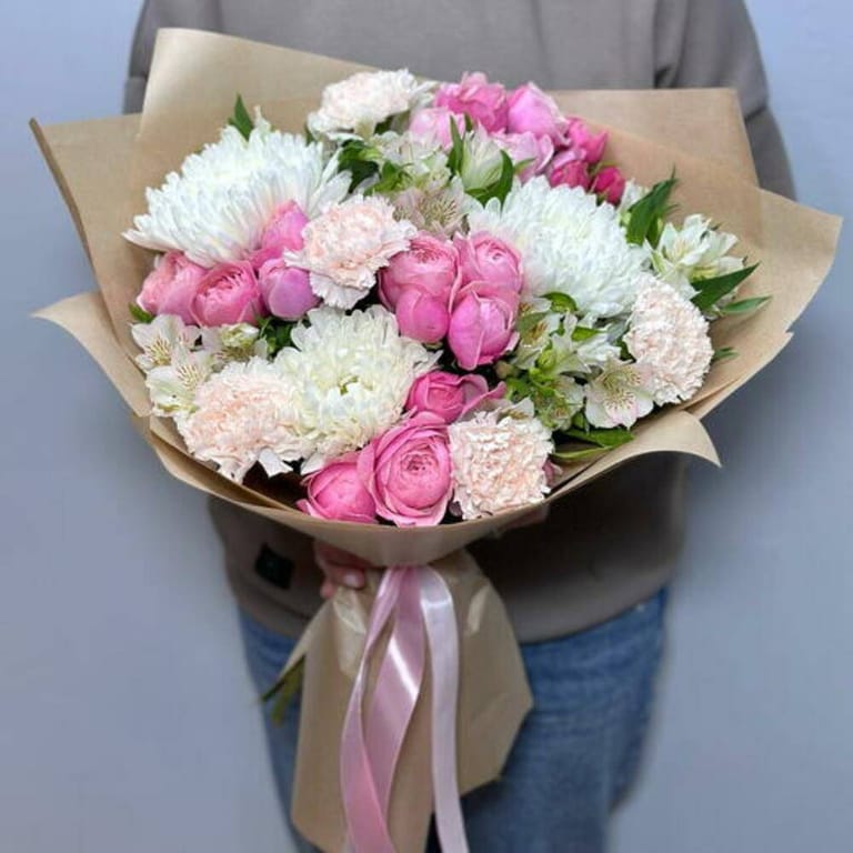 Pink Peony Roses White Chrysanthemum And Carnations Bouquet-A738 - Image 1