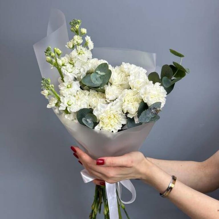 White Carnations And Matthiola Elegant Bouquet-A718 - Image 5