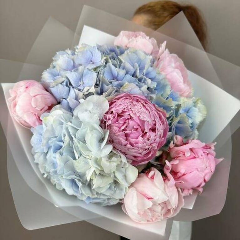 Pink Peonies And Blue Hydrangea Luxury Bouquet-A728 - Image 3