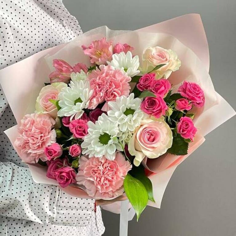 Pink Roses Carnations And White Chrysanthemum Bouquet-A734 - Image 2