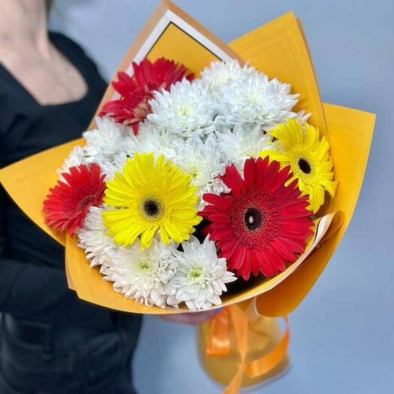 Red Yellow Gerbera And White Chrysanthemum Bouquet-A740 - Image 1