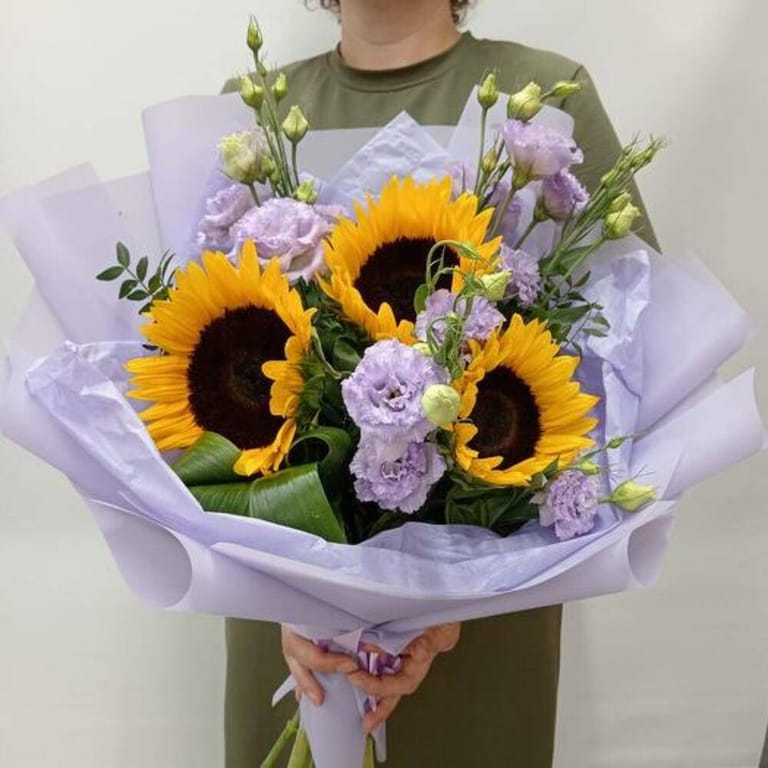 Sunflower Purple Lisianthus Luxury Bouquet-A742 - Image 1