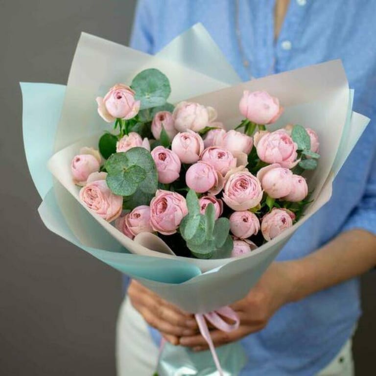 Pink Peony Roses And Eucalyptus Luxury Bouquet-A723 - Image 4