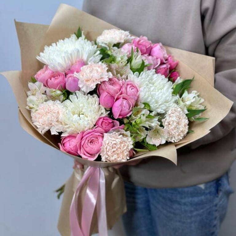 Pink Peony Roses White Chrysanthemum And Carnations Bouquet-A738 - Image 2