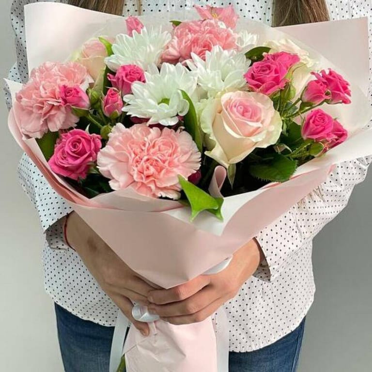 Pink Roses Carnations And White Chrysanthemum Bouquet-A734 - Image 3