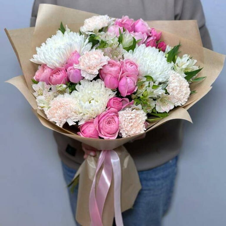 Pink Peony Roses White Chrysanthemum And Carnations Bouquet-A738 - Image 3
