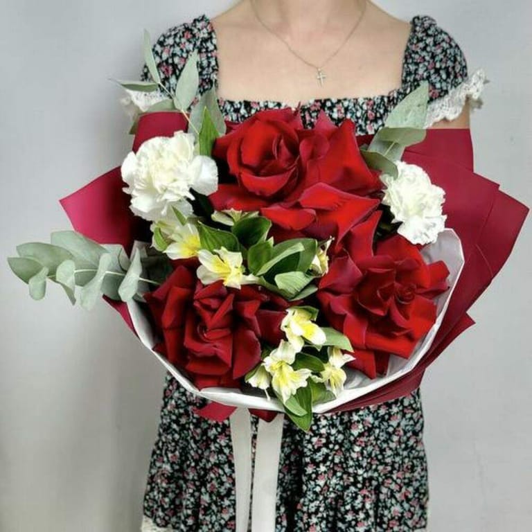 Red Roses White Carnations And Alstroemeria Bouquet-A795 - Image 1