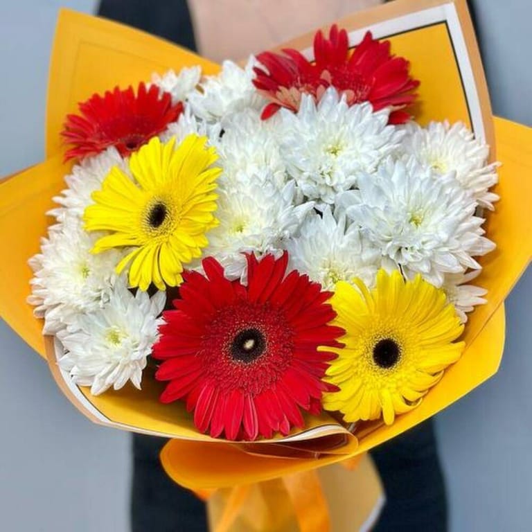 Red Yellow Gerbera And White Chrysanthemum Bouquet-A740 - Image 3