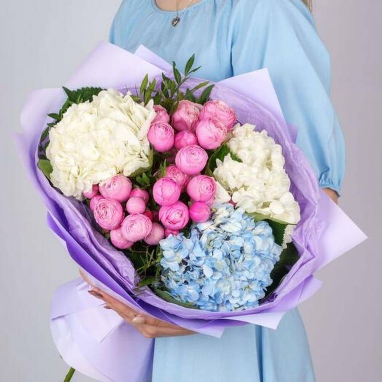 Pink Peony Roses And Mixed Hydrangea Luxury Bouquet-A787 - Image 2