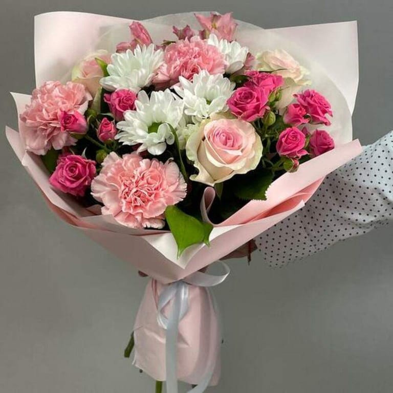 Pink Roses Carnations And White Chrysanthemum Bouquet-A734 - Image 4