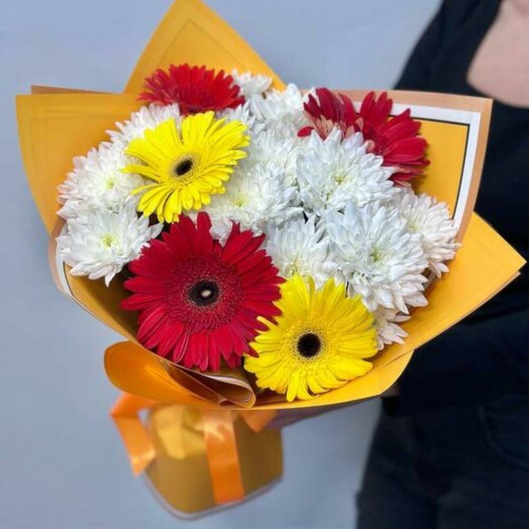 Red Yellow Gerbera And White Chrysanthemum Bouquet-A740 - Image 4