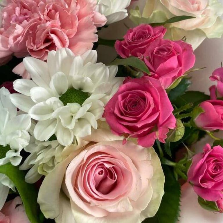Pink Roses Carnations And White Chrysanthemum Bouquet-A734 - Image 5
