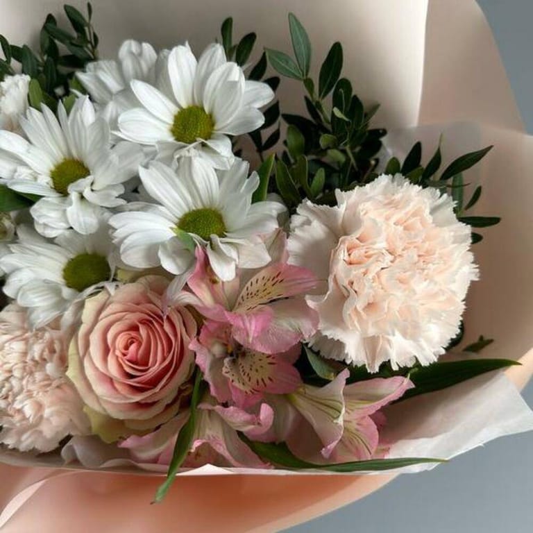 Pink Mondial Rose White Chrysanthemum And Carnation Bouquet-A730 - Image 5