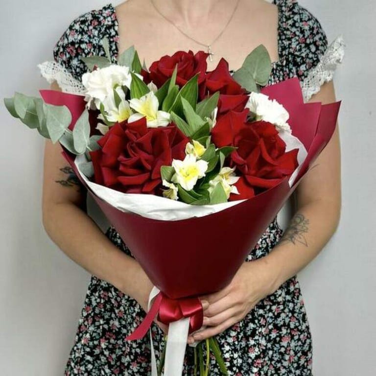 Red Roses White Carnations And Alstroemeria Bouquet-A795 - Image 2
