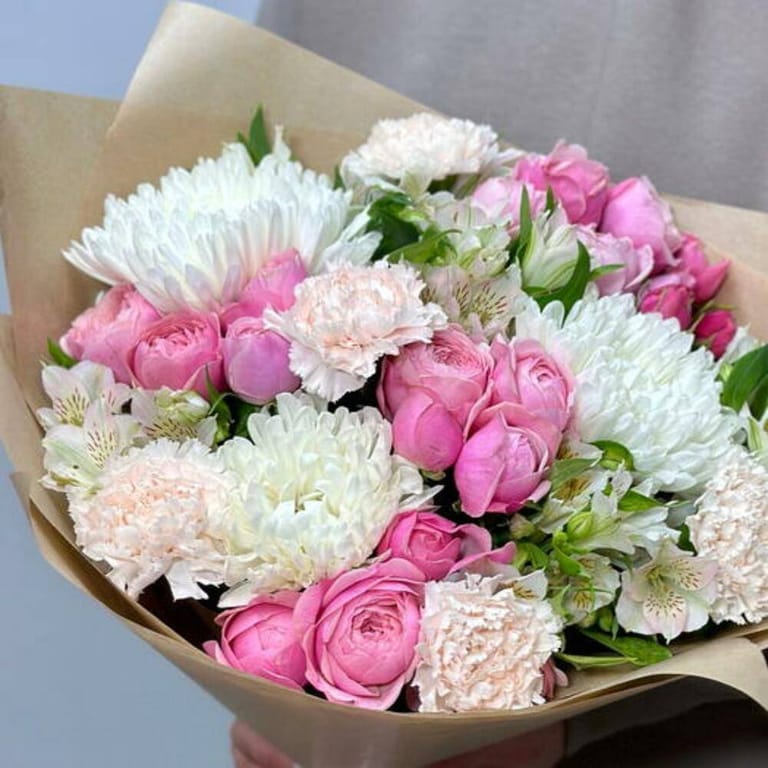 Pink Peony Roses White Chrysanthemum And Carnations Bouquet-A738 - Image 5