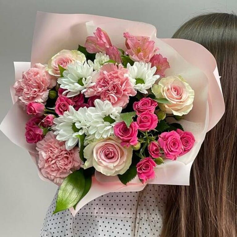 Pink Roses Carnations And White Chrysanthemum Bouquet-A734 - Image 6